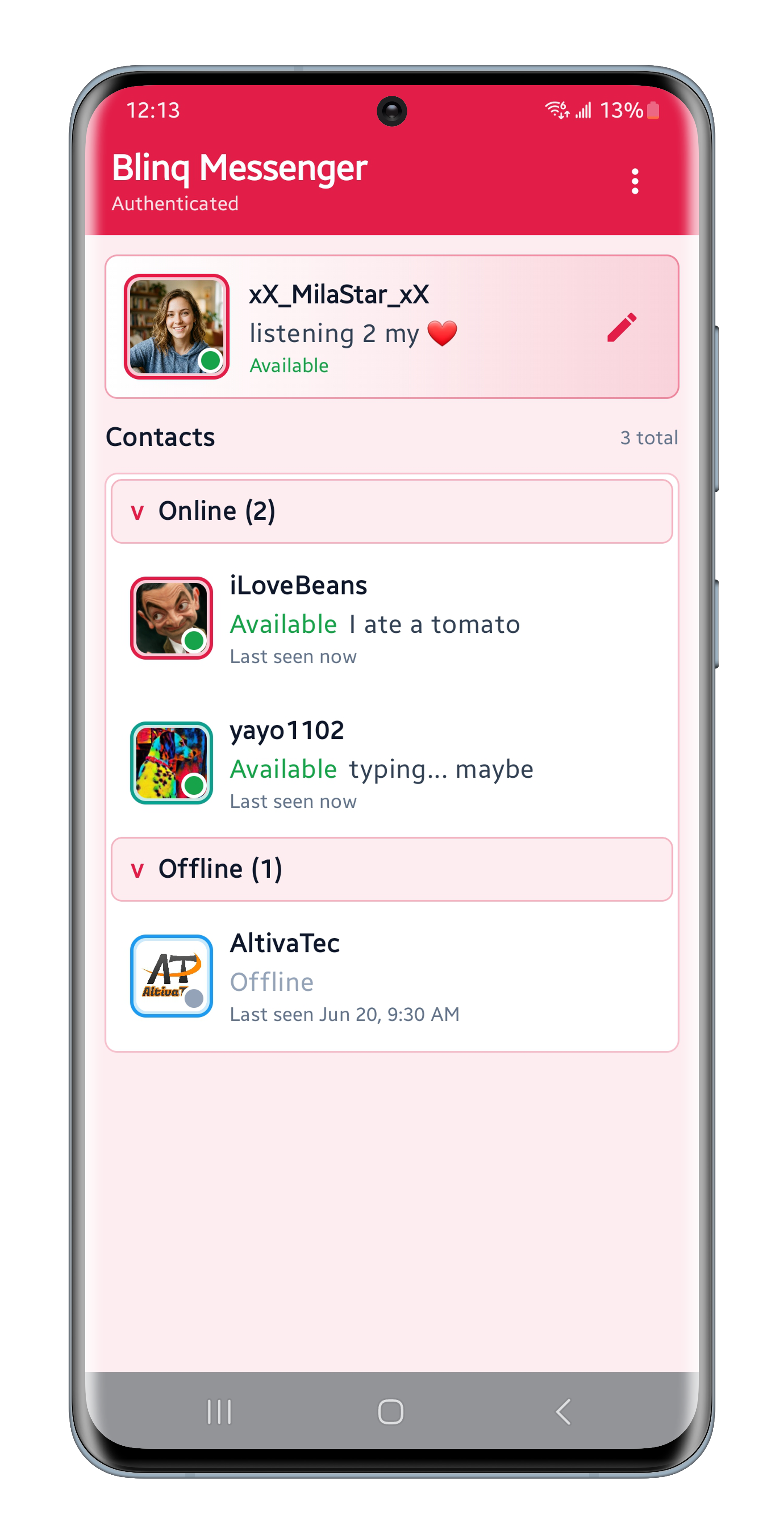 Blinq Messenger Android contact list with profile panel and grouped contacts.