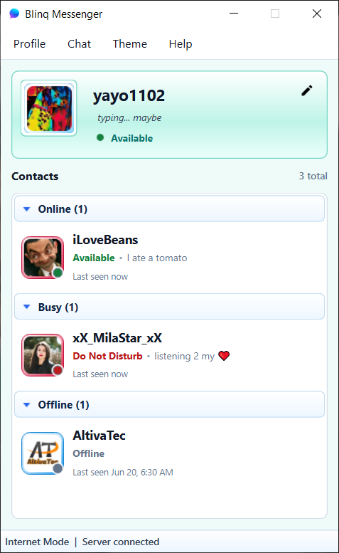 Blinq Messenger Windows contact list with online, busy, and offline groups.